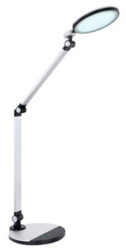 Moderne Tischleuchte mit verstellbarem Arm und rundem Leuchtkopf, seitliche Perspektive