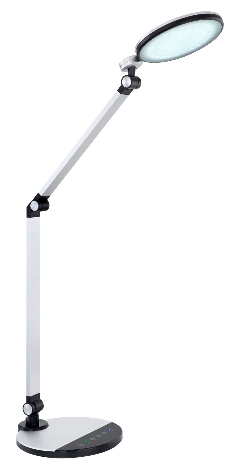Moderne Tischleuchte mit verstellbarem Arm und rundem Leuchtkopf, seitliche Perspektive