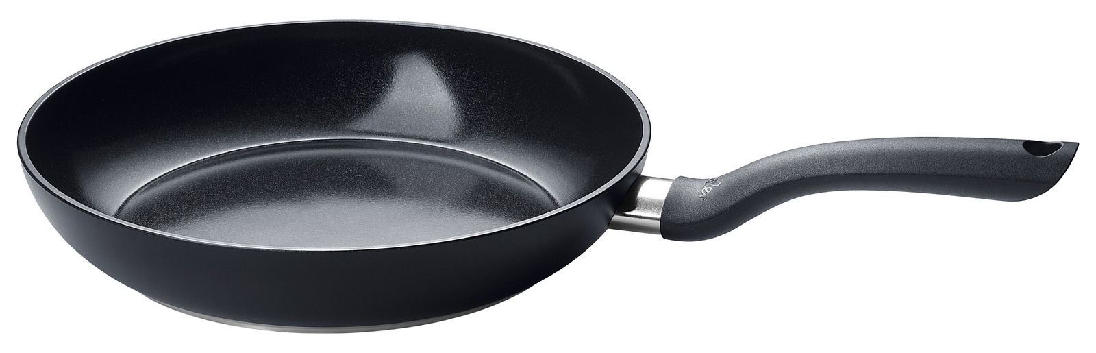 Schwarze Pfanne mit 28 cm Durchmesser, seitliche Perspektive mit ergonomischem Griff