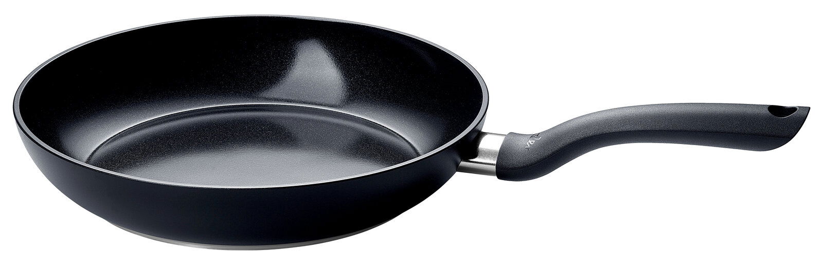 Schwarze Pfanne mit 28 cm Durchmesser, seitliche Perspektive mit ergonomischem Griff