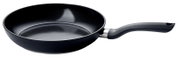 Schwarze Pfanne mit 28 cm Durchmesser, seitliche Perspektive mit ergonomischem Griff