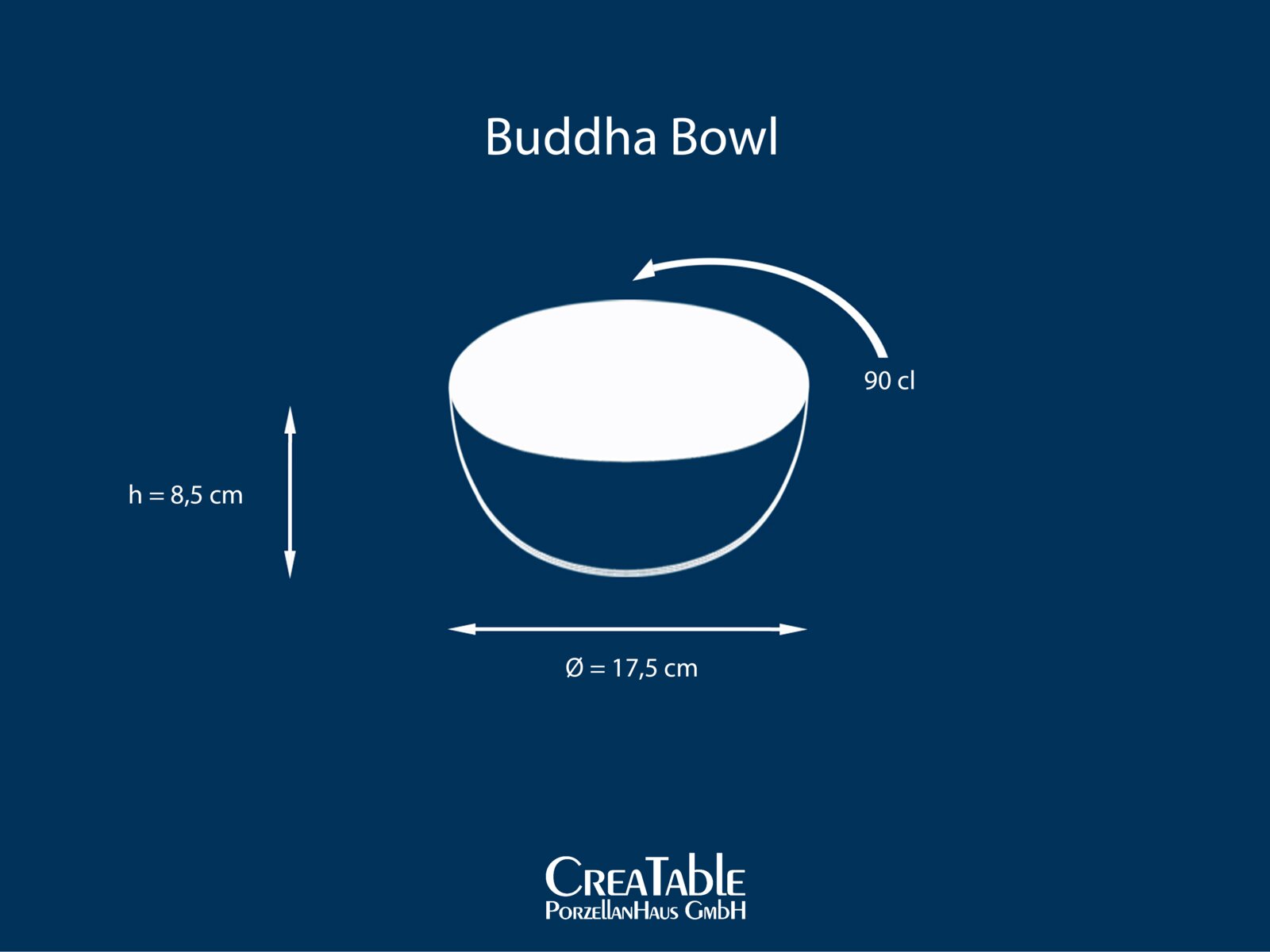 Buddha Bowl Schale mit 90 cl Fassungsvermögen, Ø 17,5 cm und Höhe 8,5 cm, dargestellt als grafische Produktansicht in leichter Draufsicht auf blauem Hintergrund.