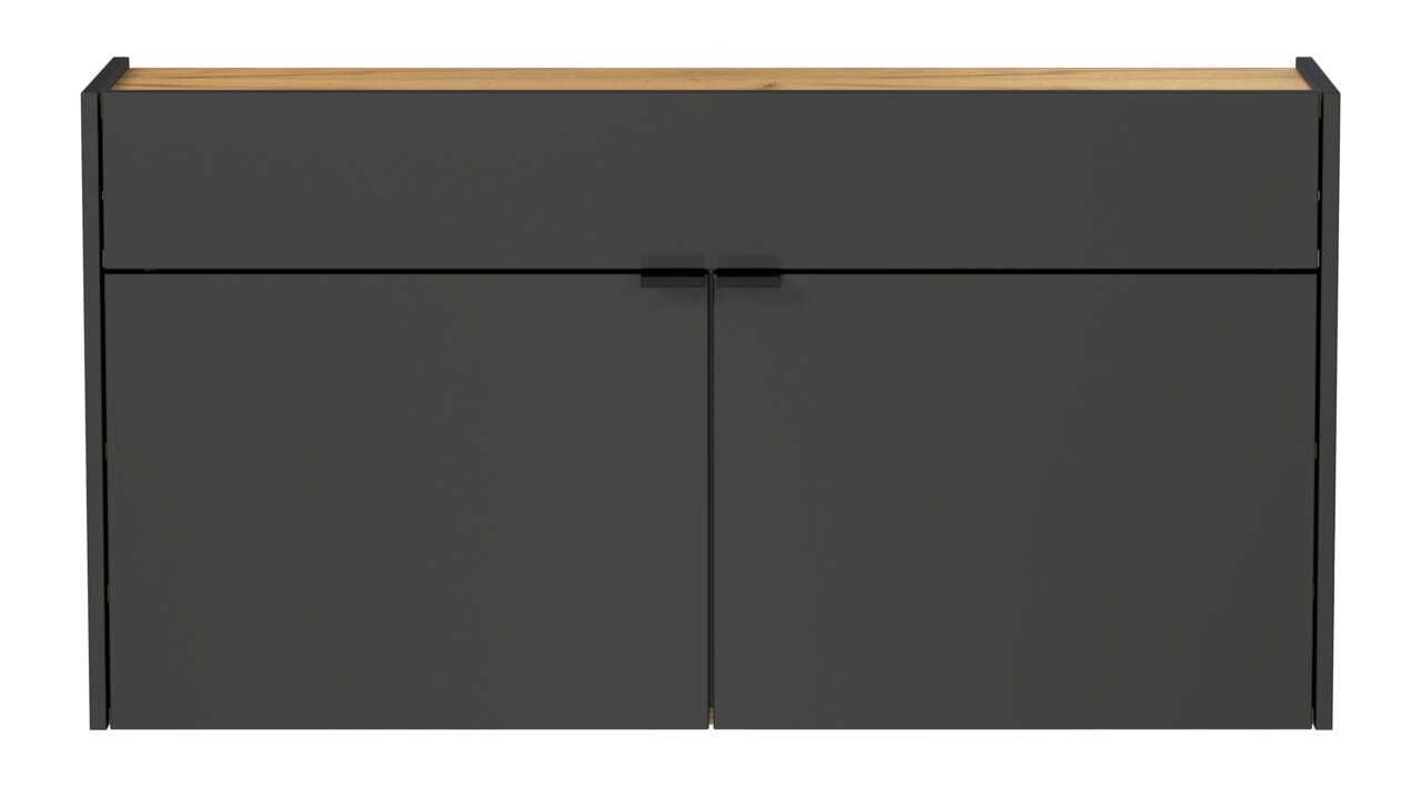 Frontansicht eines breiten, modernen Hängeschuhschranks in dunkler Farbe mit Holzoberfläche und zwei Türen.