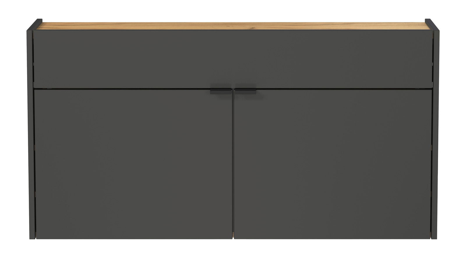 Frontansicht eines breiten, modernen Hängeschuhschranks in dunkler Farbe mit Holzoberfläche und zwei Türen.