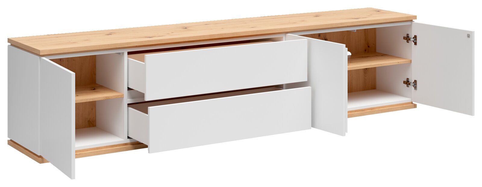 XORA XL-TV-Lowboard YAMAEL Weißes Sideboard mit Holzplatte, zwei mittigen Schubladen und offenen Türen links und rechts, Innenfächer sichtbar, Ansicht schräg von vorn