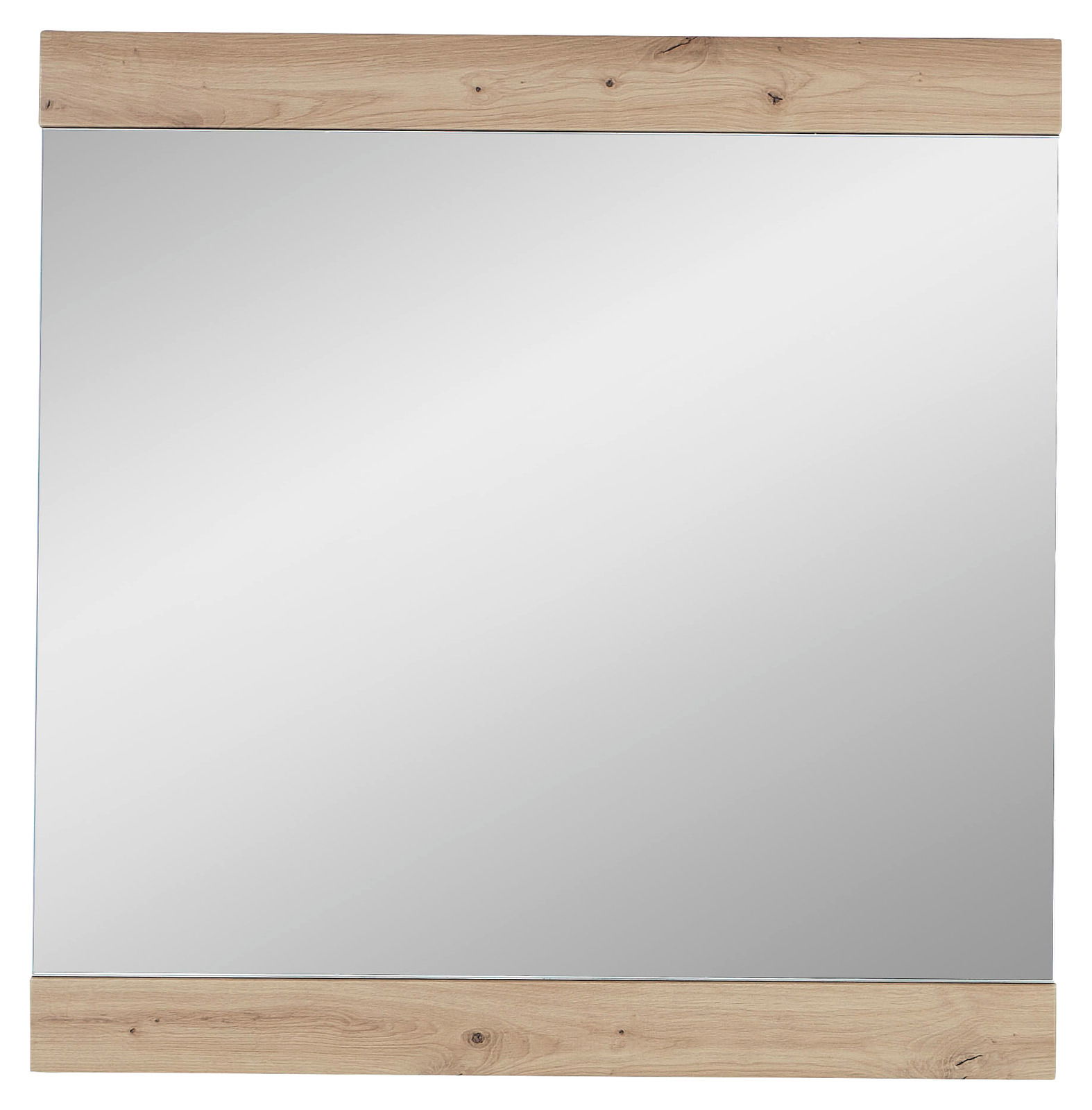 Großer rechteckiger Spiegel mit Holzrahmen an der Ober- und Unterseite, frontal betrachtet.