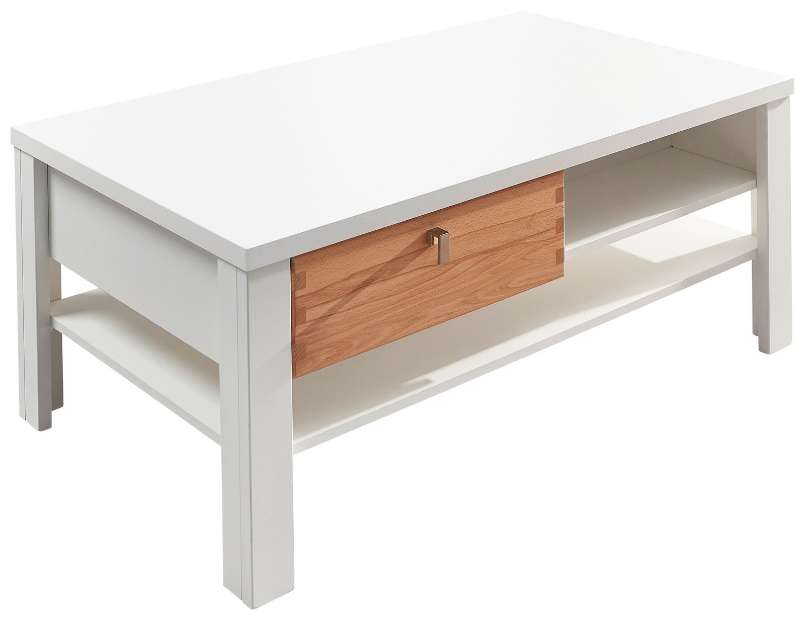 Z2 Couchtisch SERPIO Moderner weißer Couchtisch mit Holzschublade, seitliche Perspektive