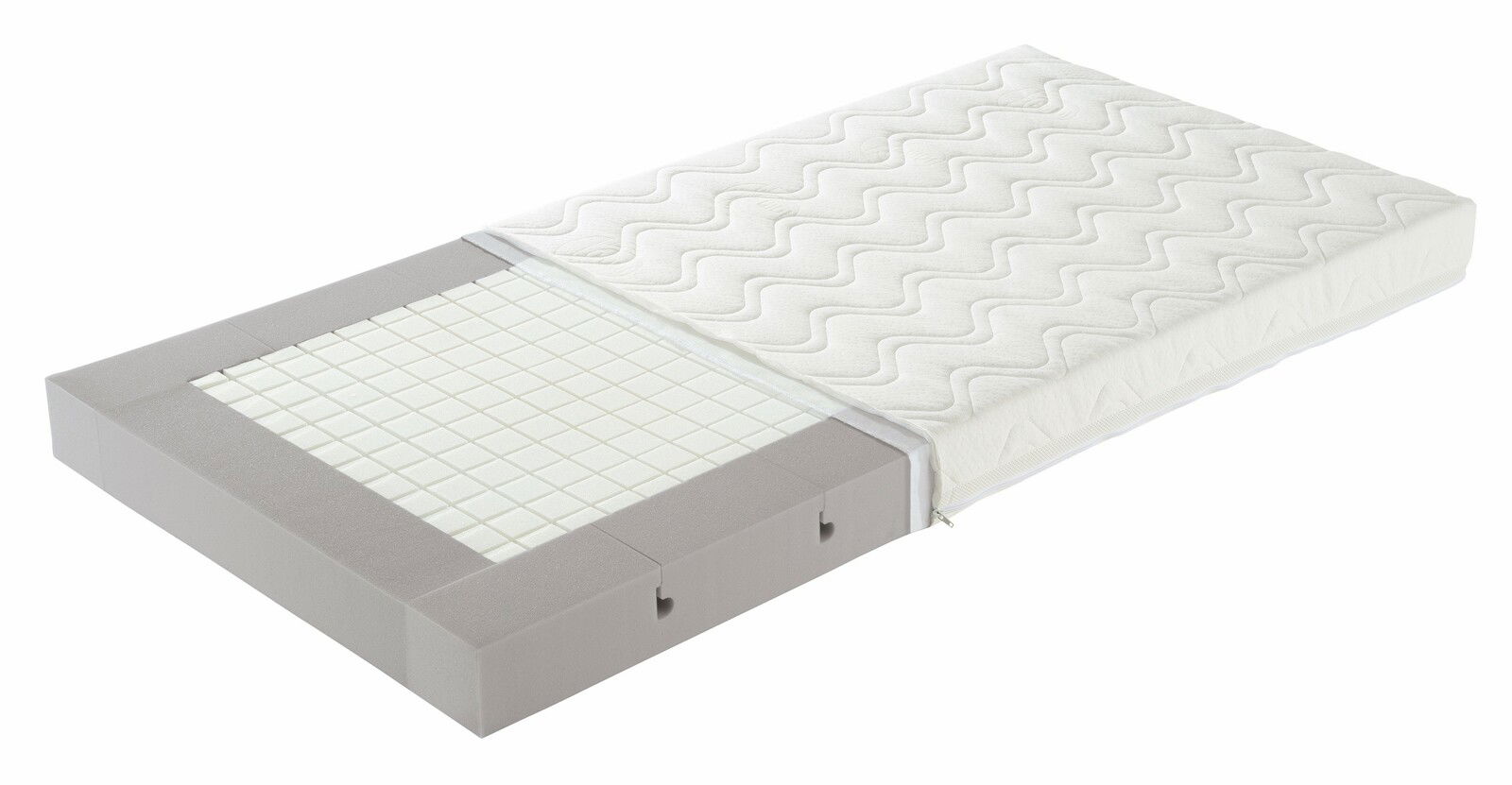 Kaltschaummatratze AIRWELL 400 in seitlicher Perspektive mit sichtbarem Schaumstoffkern und abnehmbarem Bezug.