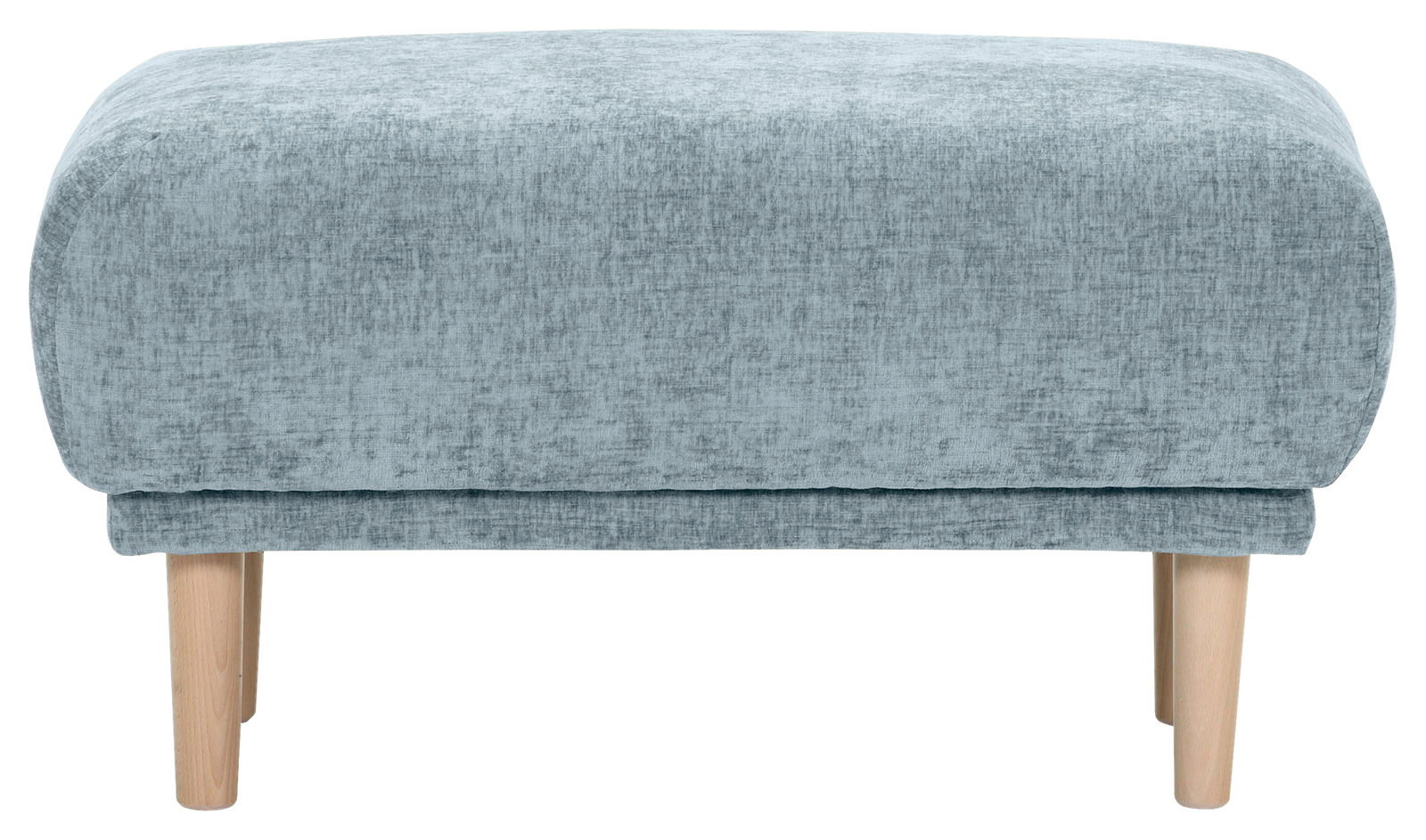 Hocker mit hellblauem Stoffbezug und hellen Holzbeinen, Frontalansicht