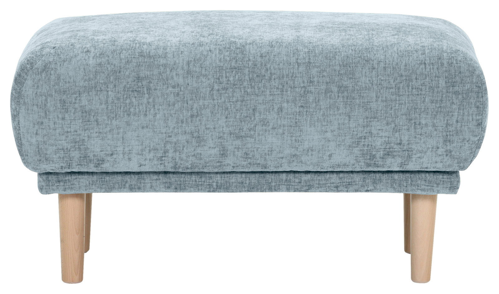 Hocker mit hellblauem Stoffbezug und hellen Holzbeinen, Frontalansicht