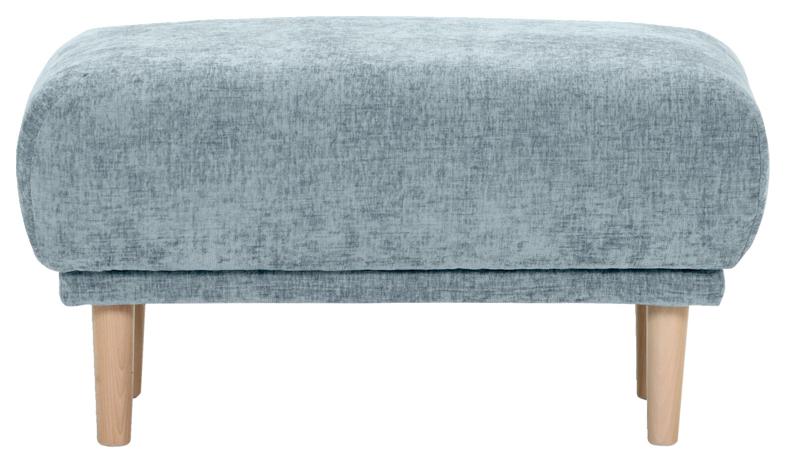 Hocker mit hellblauem Stoffbezug und hellen Holzbeinen, Frontalansicht