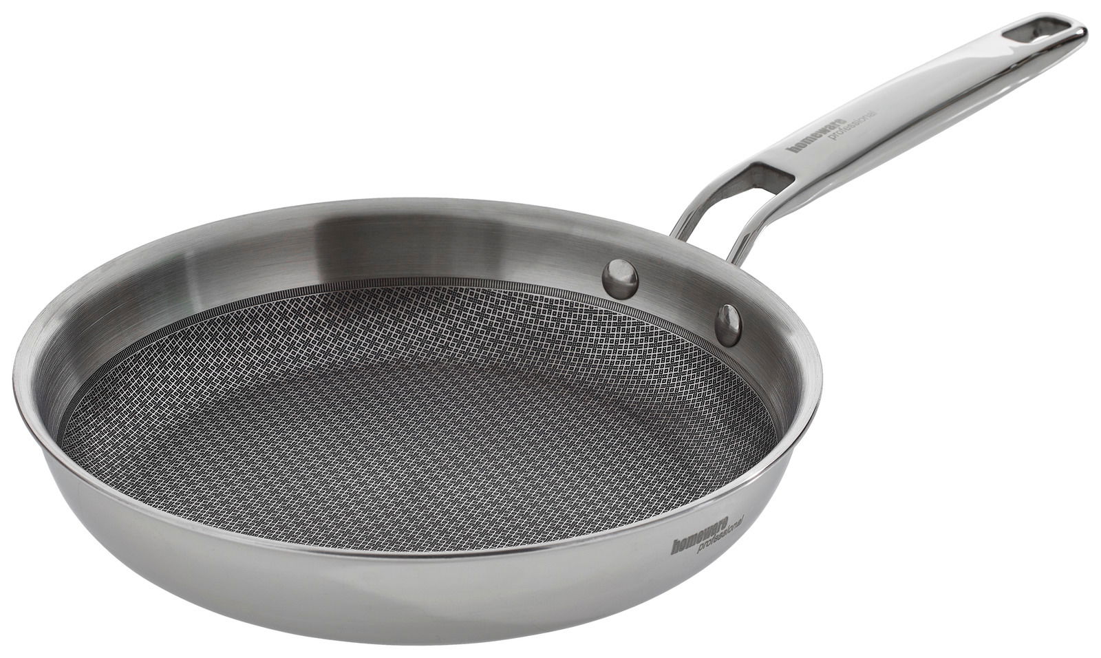 Bratpfanne Cucina Perfetta aus Edelstahl, seitliche Perspektive mit sichtbarem Griff und Antihaftbeschichtung.