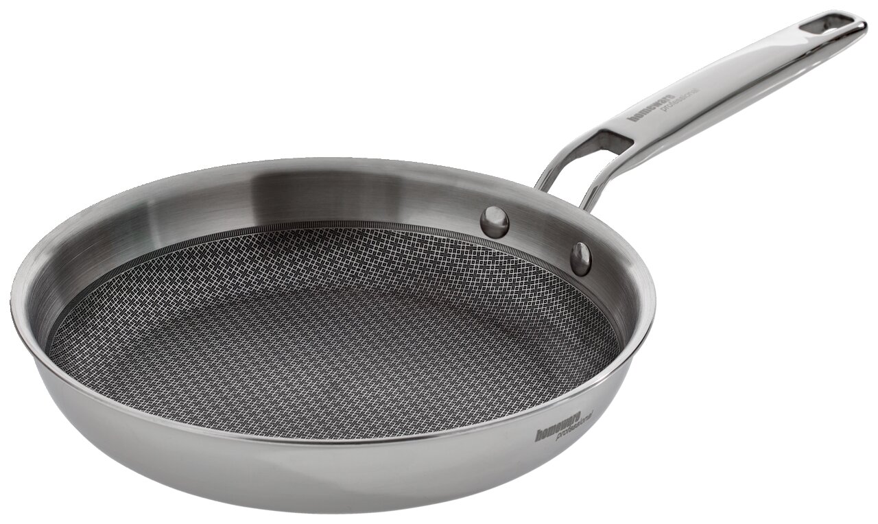Bratpfanne Cucina Perfetta aus Edelstahl, seitliche Perspektive mit sichtbarem Griff und Antihaftbeschichtung.