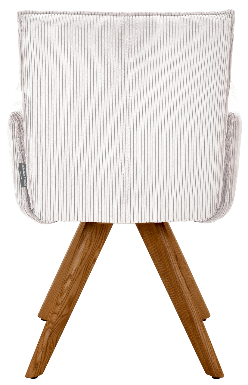 Johann Jakob Armlehnstuhl CALAS Rückansicht eines Armlehnstuhls mit gestreiftem Stoffbezug und Holzbeinen