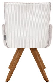 Rückansicht eines Armlehnstuhls mit gestreiftem Stoffbezug und Holzbeinen