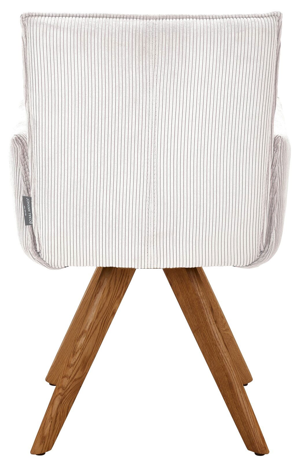 Rückansicht eines Armlehnstuhls mit gestreiftem Stoffbezug und Holzbeinen