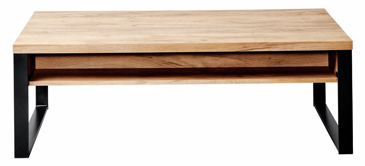 Moderne houten salontafel met zwart metalen onderstel, vooraanzicht