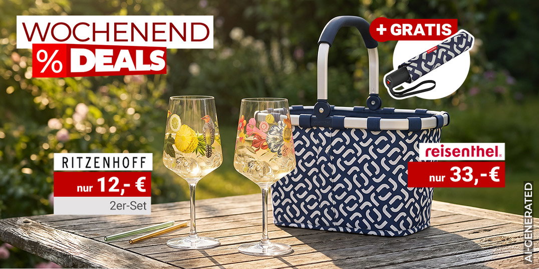 KI-generiert: Wochenend-Deals mit Ritzenhoff-Gläsern und reisenthel Einkaufskorb samt Gratis-Schirm im Garten.