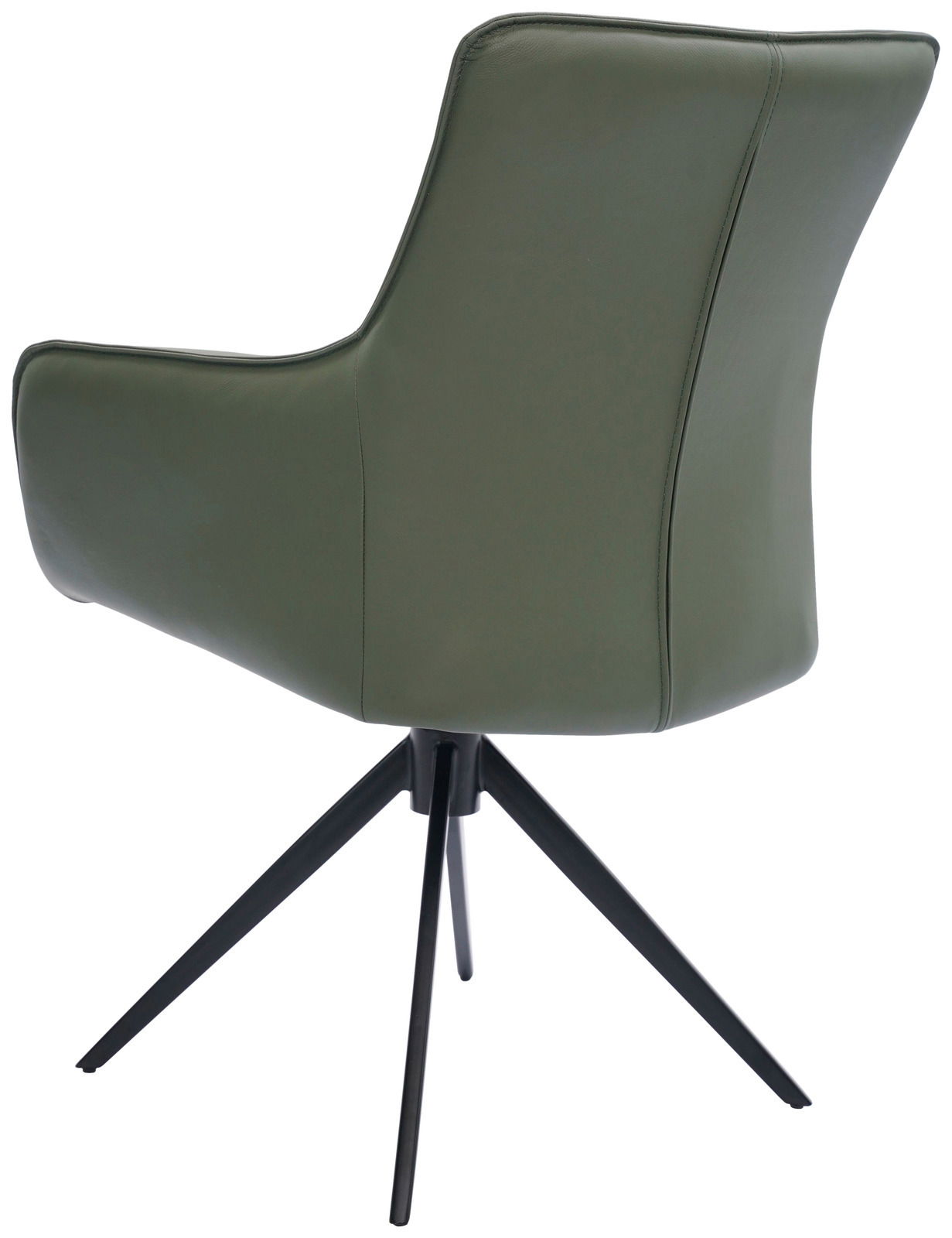 Rückansicht eines grünen Armlehnstuhls mit schwarzem Metallgestell