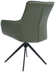 Rückansicht eines grünen Armlehnstuhls mit schwarzem Metallgestell