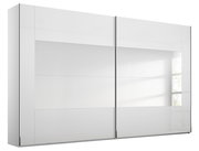 Moderner weißer Schwebetürenschrank mit zwei Türen, seitliche Perspektive