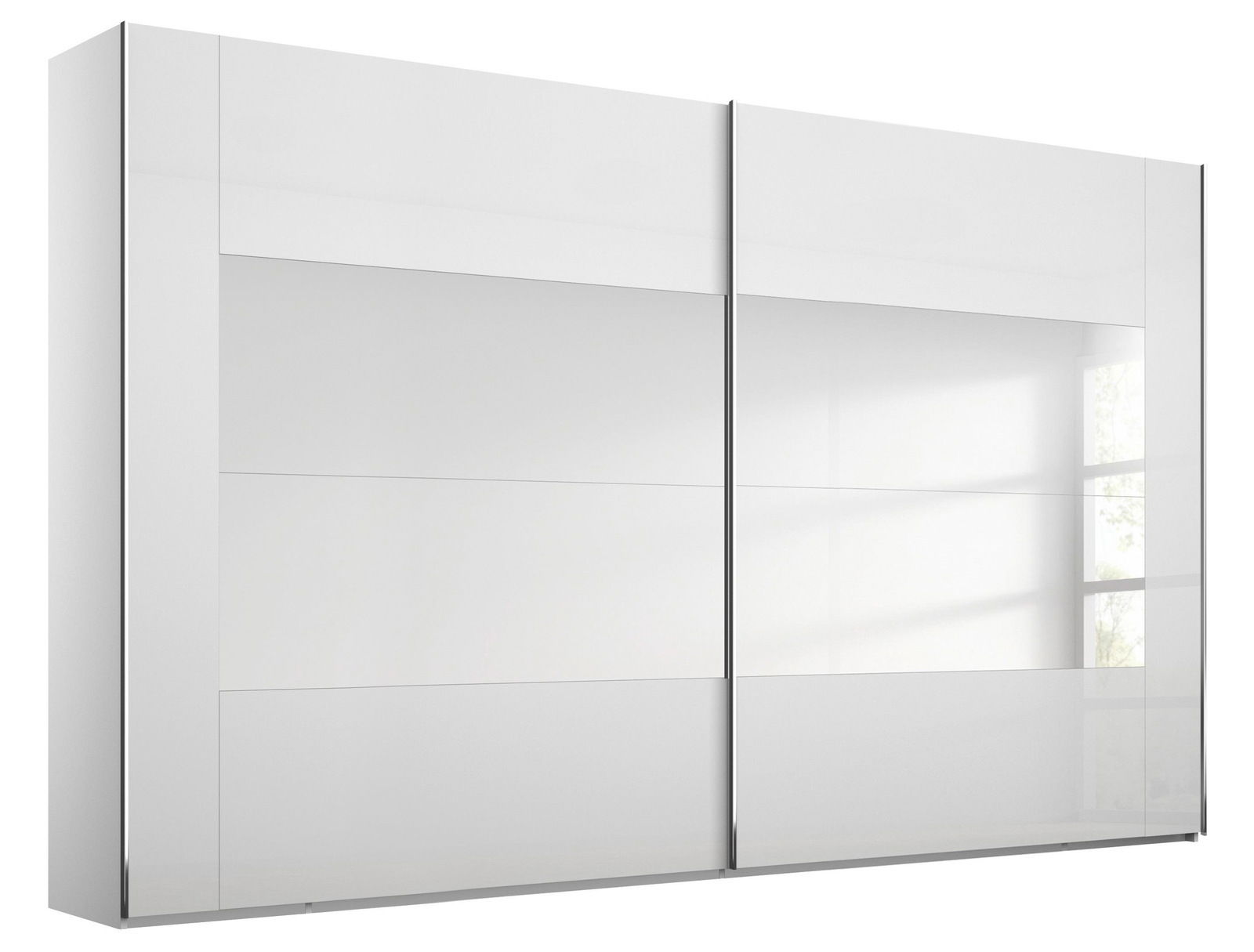 Moderner weißer Schwebetürenschrank mit zwei Türen, seitliche Perspektive