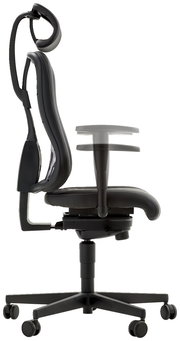 Seitliche Ansicht eines ergonomischen Gamingstuhls mit verstellbarer Kopfstütze und Armlehnen.