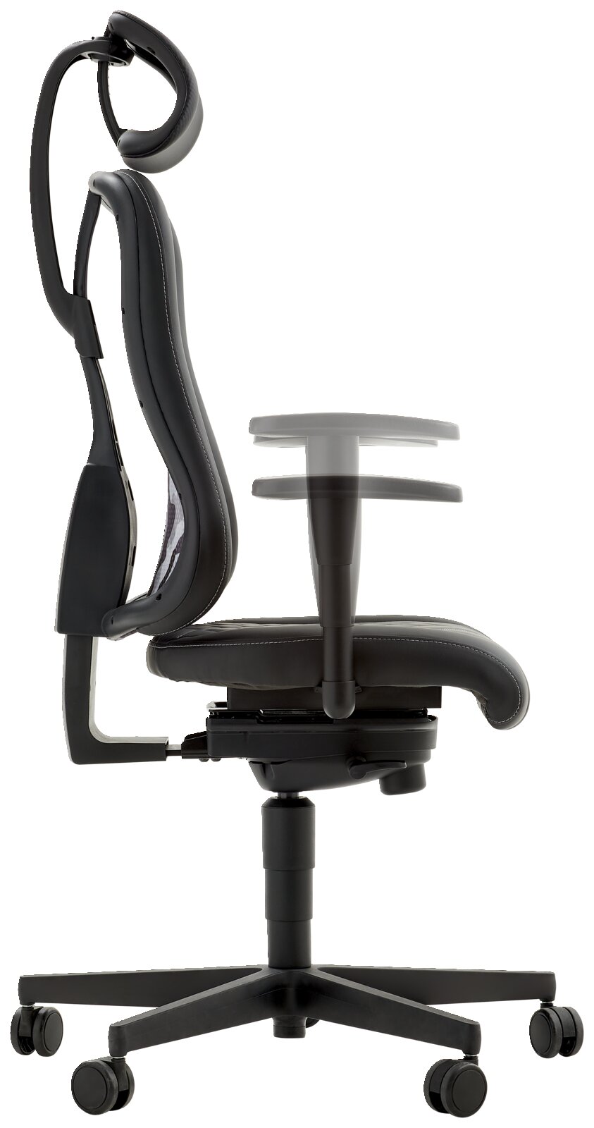 Zijaanzicht van een ergonomische gamingstoel met verstelbare hoofdsteun en armleuningen.