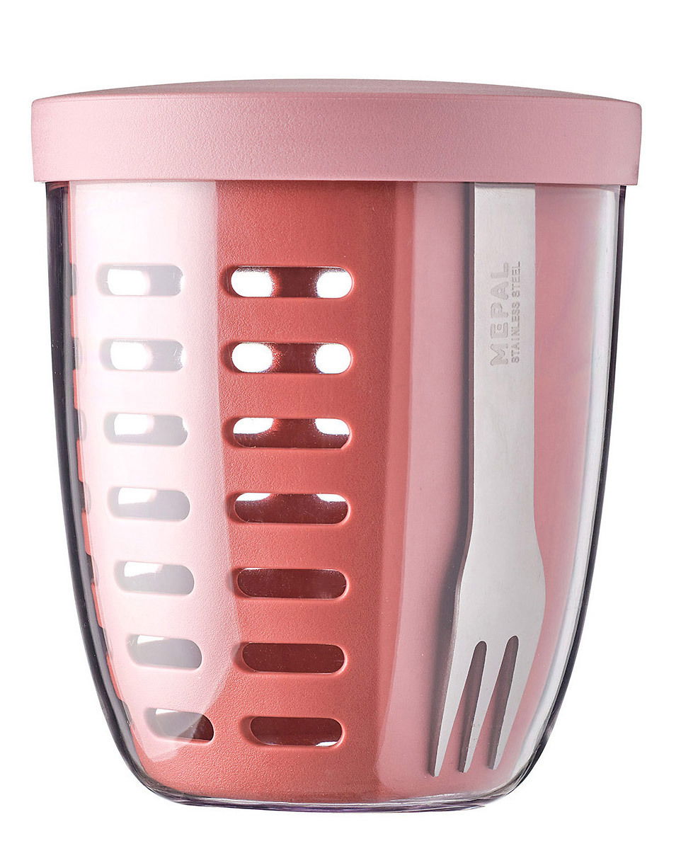 Mepal Snackpot-Set in Mauve, seitliche Ansicht mit transparentem Behälter und integriertem Edelstahlgabel.