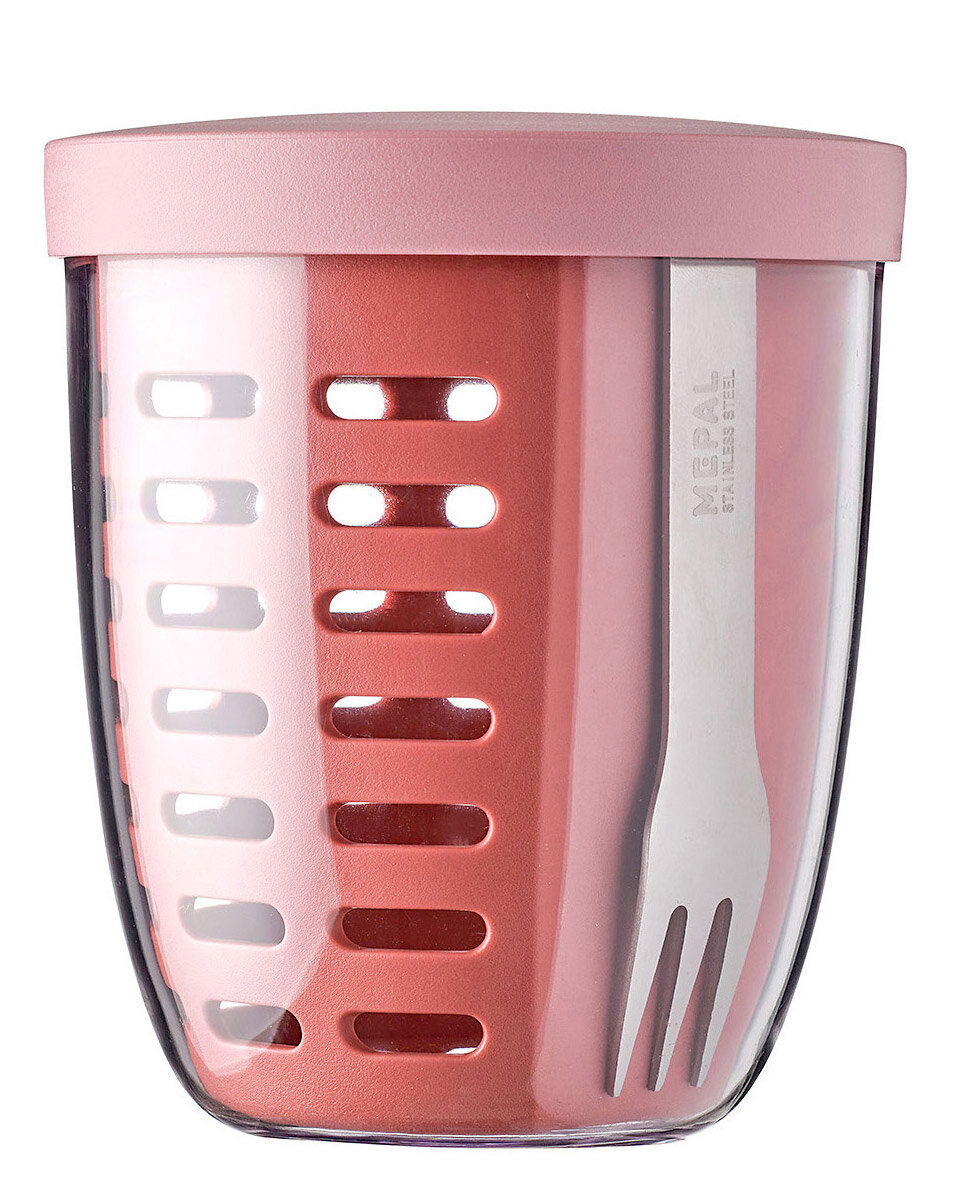 Mepal Snackpot-Set in Mauve, seitliche Ansicht mit transparentem Behälter und integriertem Edelstahlgabel.