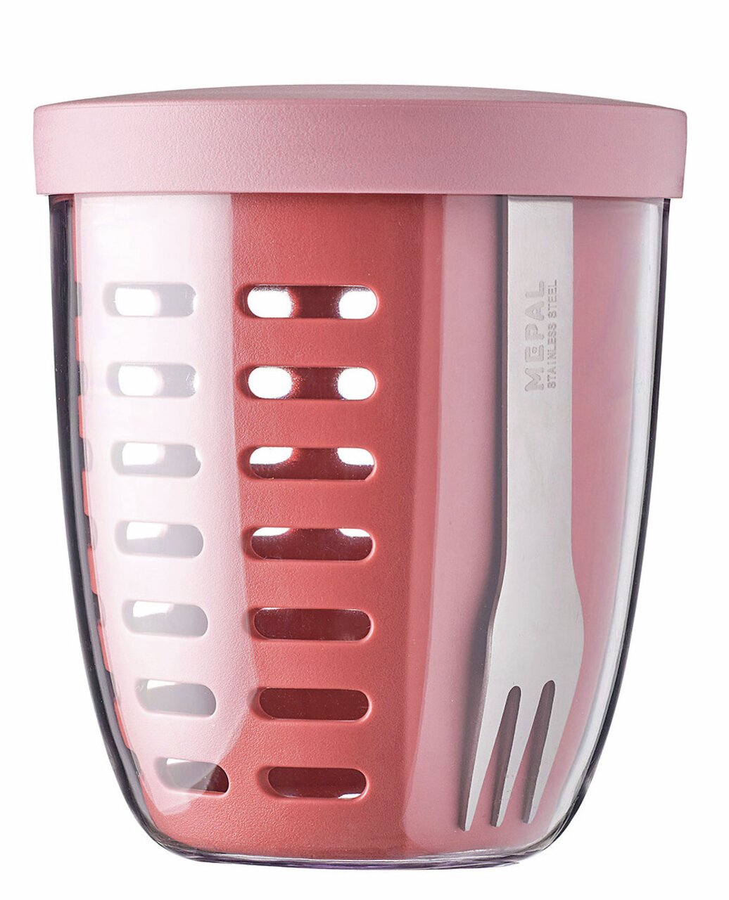 Mepal Snackpot-Set in Mauve, seitliche Ansicht mit transparentem Behälter und integriertem Edelstahlgabel.