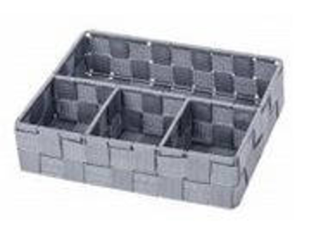 Wenko Badorganizer klein ADRIA Grauer Badorganizer Adria klein mit vier Fächern, aus geflochtenem Material, Perspektive von schräg oben.