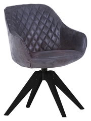 Moderner grauer Stuhl mit gesteppter Rückenlehne und schwarzen Holzbeinen, seitliche Perspektive