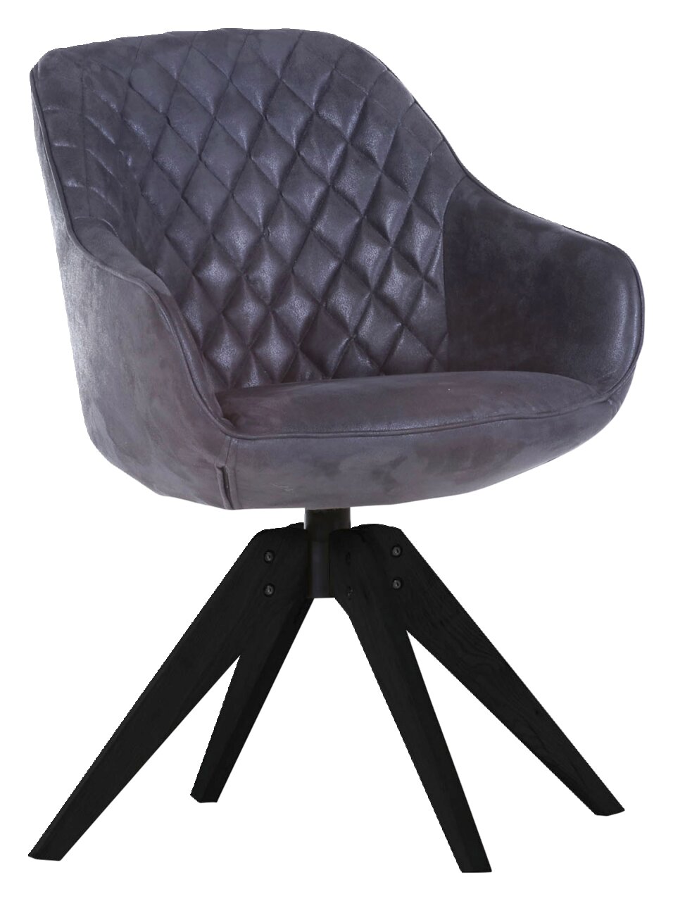 Moderner grauer Stuhl mit gesteppter Rückenlehne und schwarzen Holzbeinen, seitliche Perspektive