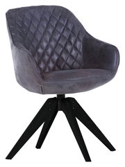 Moderner grauer Stuhl mit gesteppter Rückenlehne und schwarzen Holzbeinen, seitliche Perspektive