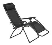 Schwarze Gartenliege mit verstellbarem Kopfkissen, seitliche Perspektive