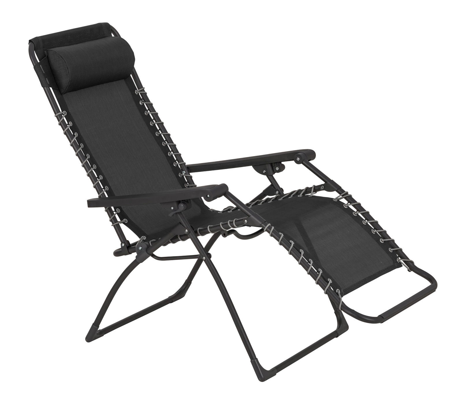 Schwarze Gartenliege mit verstellbarem Kopfkissen, seitliche Perspektive