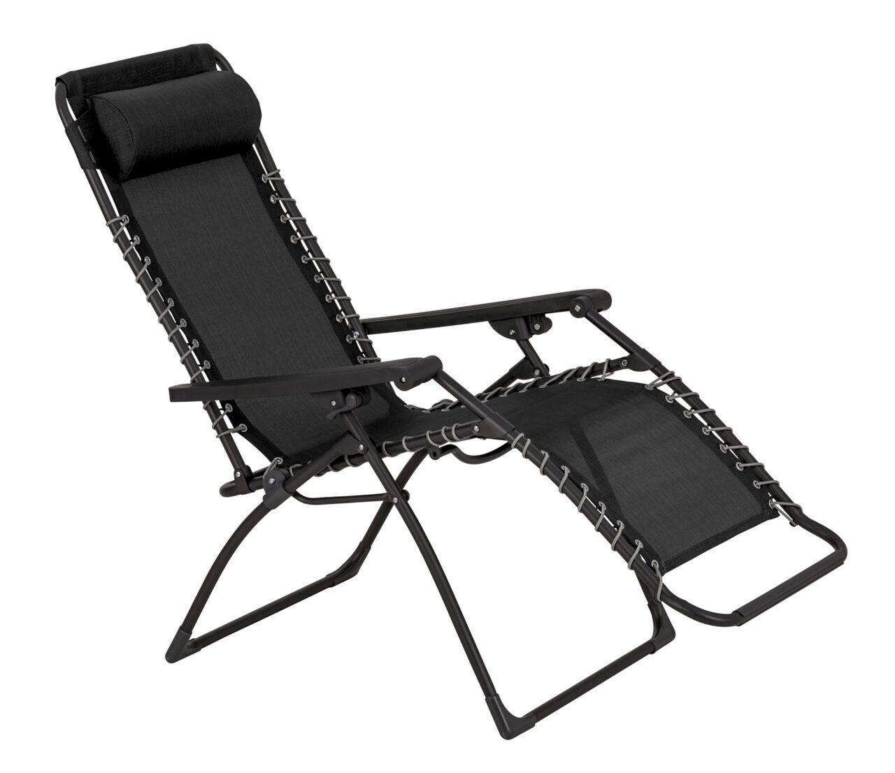 Schwarze Gartenliege mit verstellbarem Kopfkissen, seitliche Perspektive