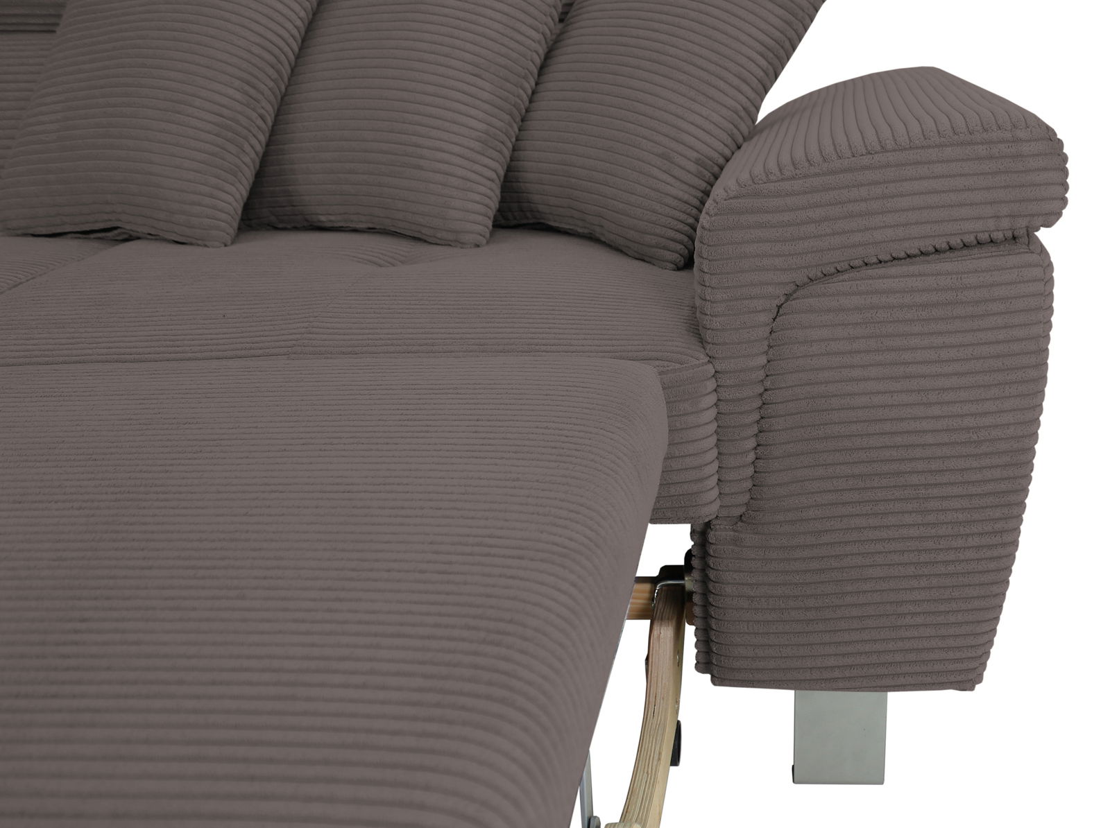 Nahaufnahme einer grauen Rundecke mit geripptem Stoffbezug, seitliche Perspektive auf die Armlehne und Sitzfläche.