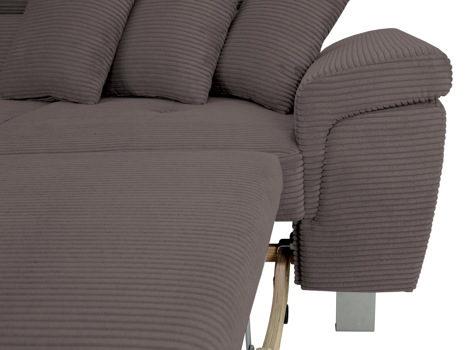 Nahaufnahme einer grauen Rundecke mit geripptem Stoffbezug, seitliche Perspektive auf die Armlehne und Sitzfläche.