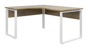 Moderner Eckschreibtisch in L-Form mit Holzoberfläche und weißen Metallbeinen, seitliche Perspektive