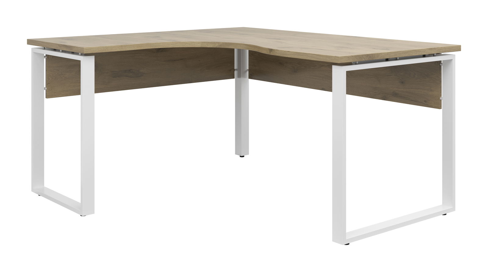 Moderner Eckschreibtisch in L-Form mit Holzoberfläche und weißen Metallbeinen, seitliche Perspektive
