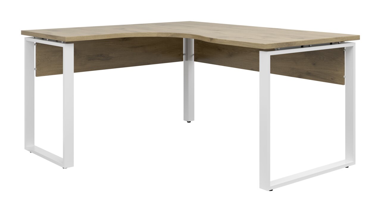 Modern L-vormig hoekbureau met houten blad en witte metalen poten, zijaanzicht