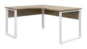 Modern L-vormig hoekbureau met houten blad en witte metalen poten, zijaanzicht