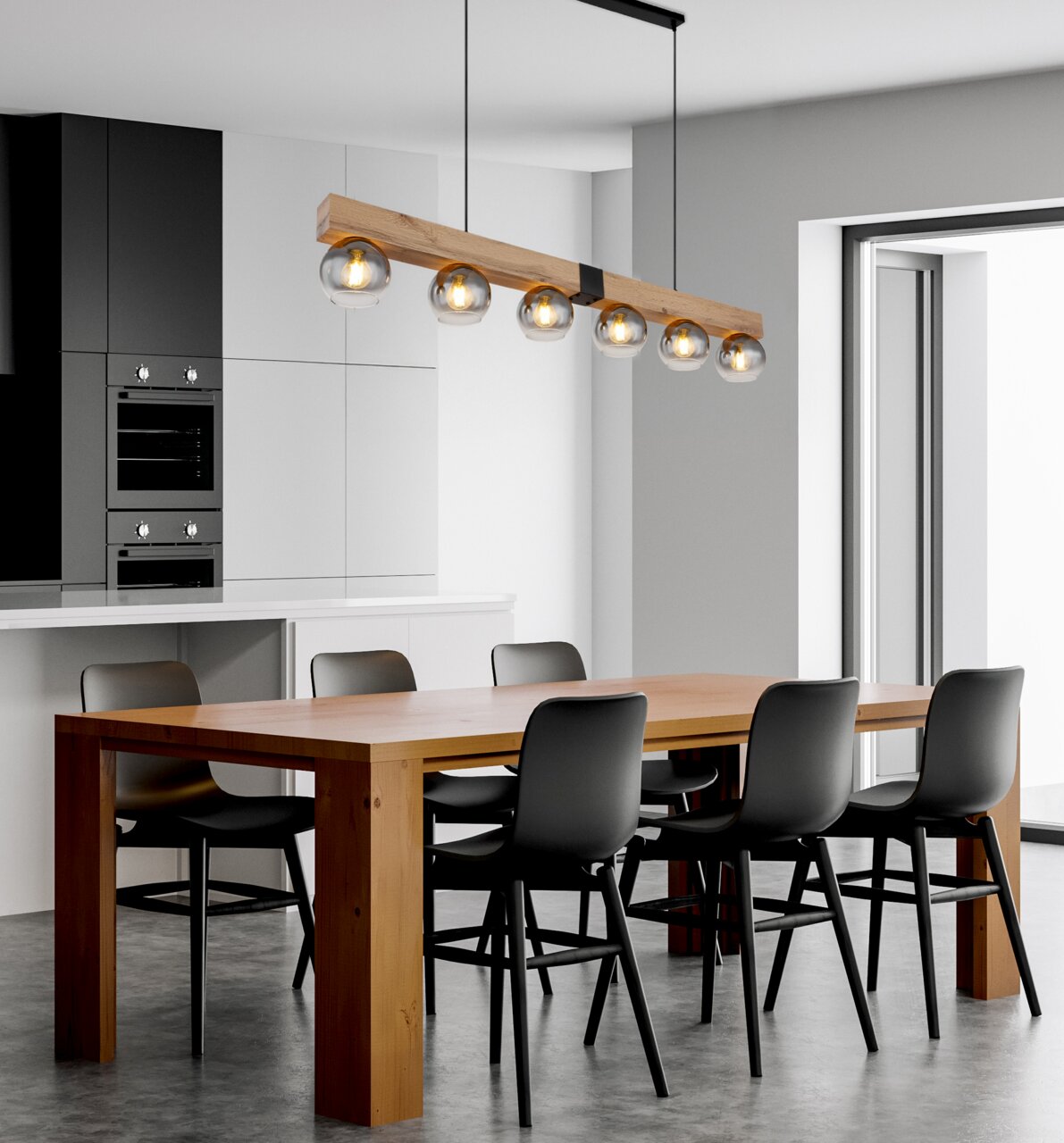 Globo Lighting Hängeleuchte MOITAS Moderne Hängeleuchte mit sechs Glühbirnen über einem Esstisch in einem stilvollen Esszimmer, seitliche Perspektive