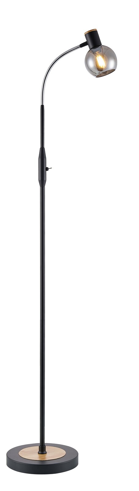 Novel Stehleuchte Moderne Stehleuchte mit gebogenem Arm und rundem Lampenschirm, seitliche Perspektive