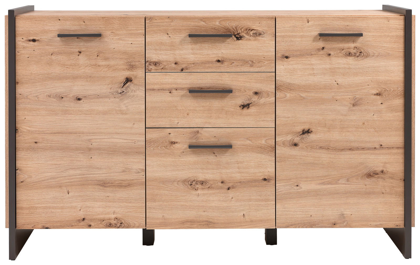 Frontale Ansicht einer modernen Kommode aus hellem Holz mit drei Schubladen und zwei Türen, versehen mit dunklen Griffen.