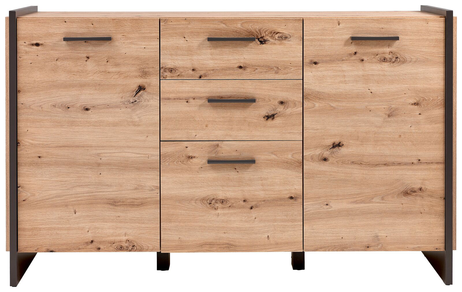 Frontale Ansicht einer modernen Kommode aus hellem Holz mit drei Schubladen und zwei Türen, versehen mit dunklen Griffen.