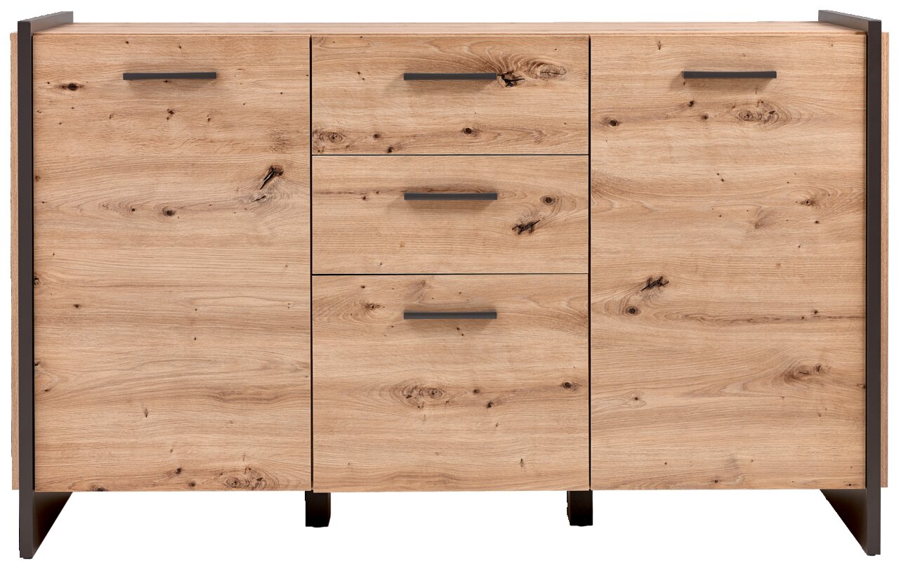 Frontale Ansicht einer modernen Kommode aus hellem Holz mit drei Schubladen und zwei Türen, versehen mit dunklen Griffen.