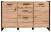 Frontale Ansicht einer modernen Kommode aus hellem Holz mit drei Schubladen und zwei Türen, versehen mit dunklen Griffen.